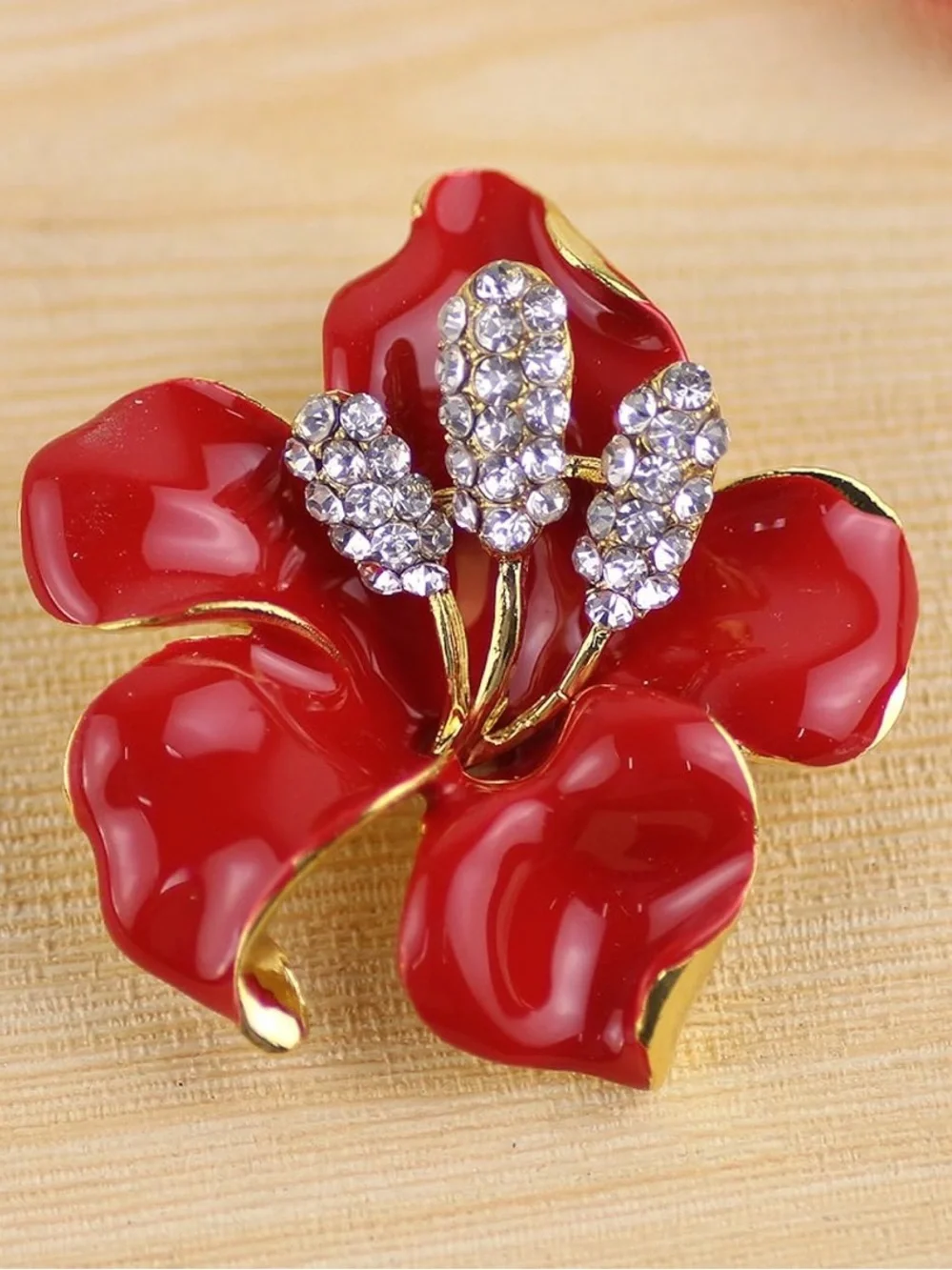 Anthropologie Red Enamel Floral Crystal Brooch